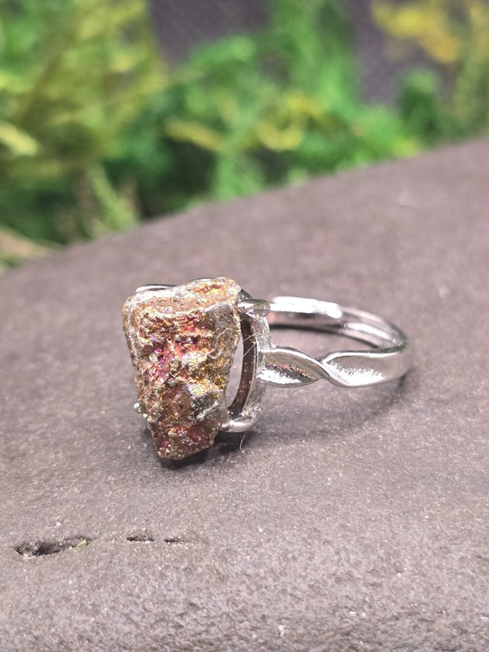 Raw Chalcopyrite Adjustable Ring Size 6-10 Metallic Crystal Silver Tone Jewelry